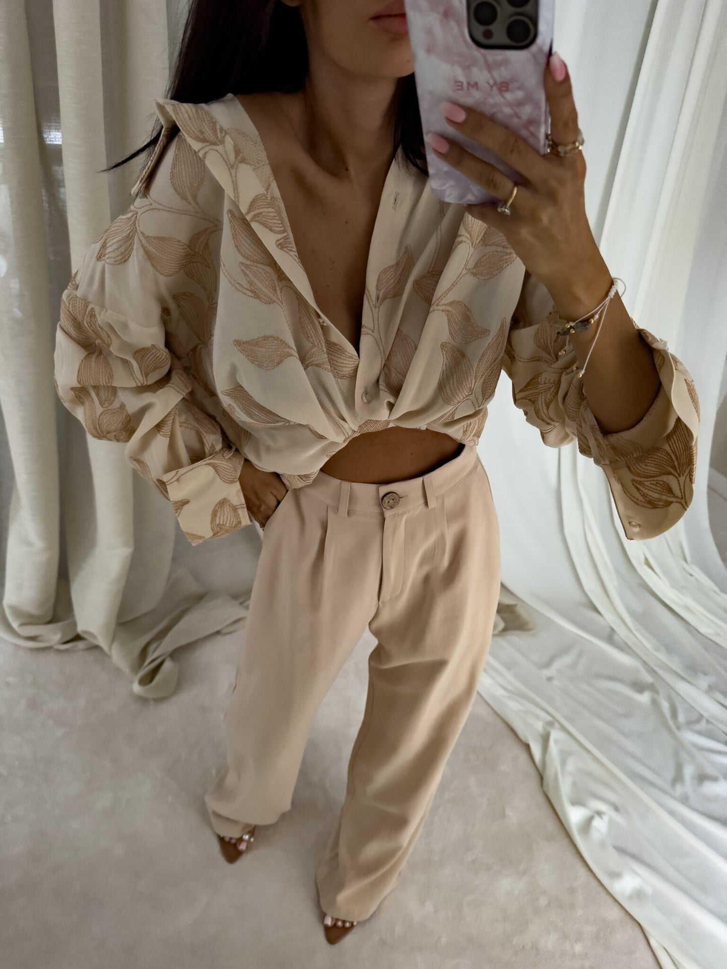 Beige embroidered Over Spring Pocket Shirt