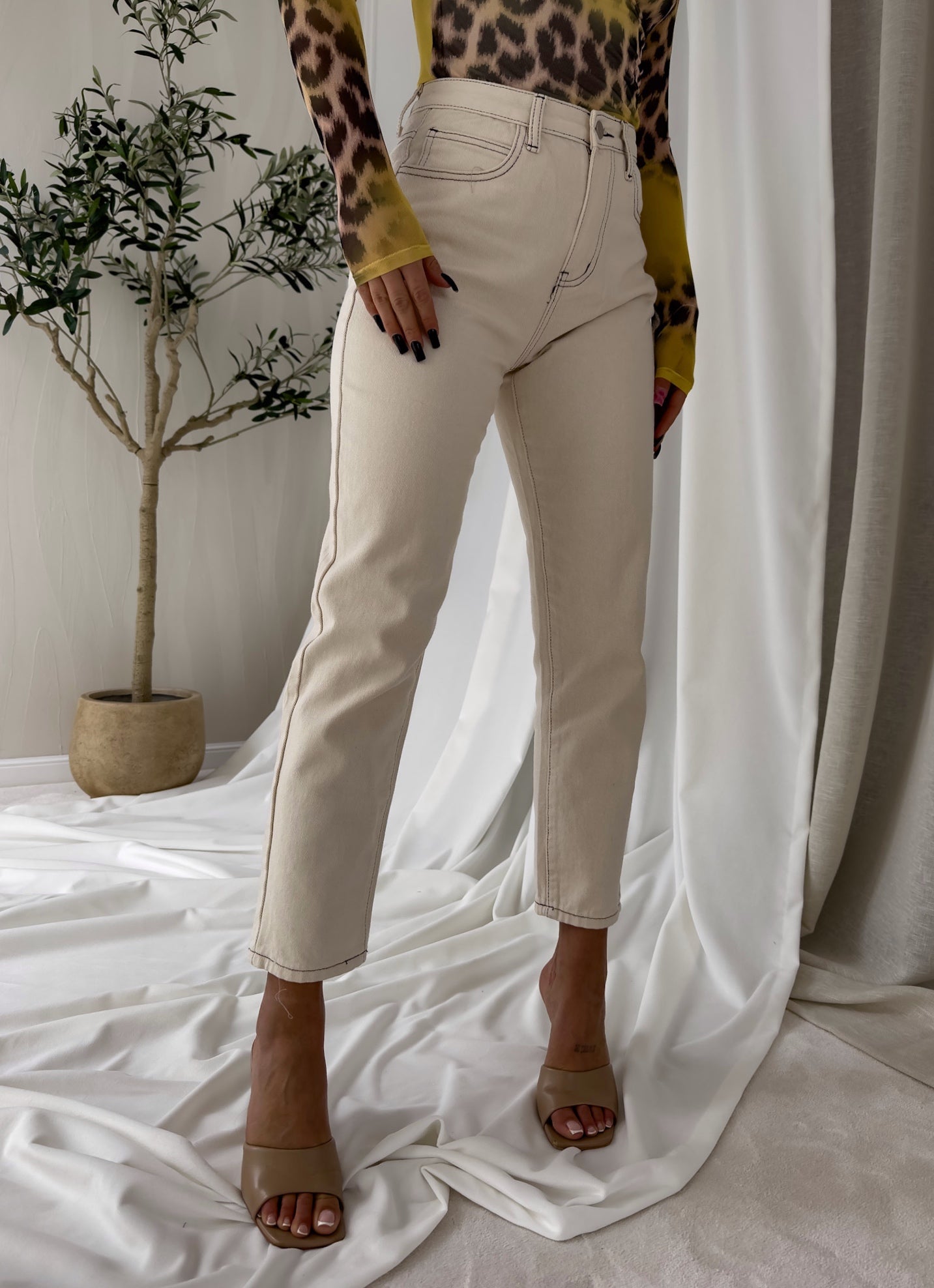Beige Mom Fit Jeans