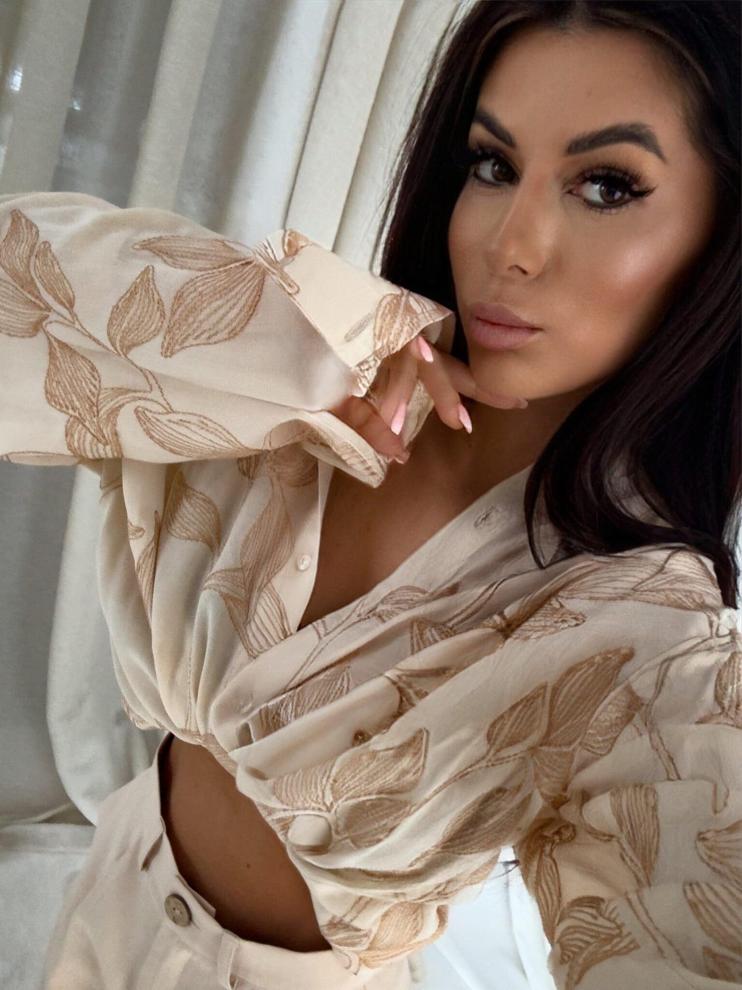 Beige embroidered Over Spring Pocket Shirt