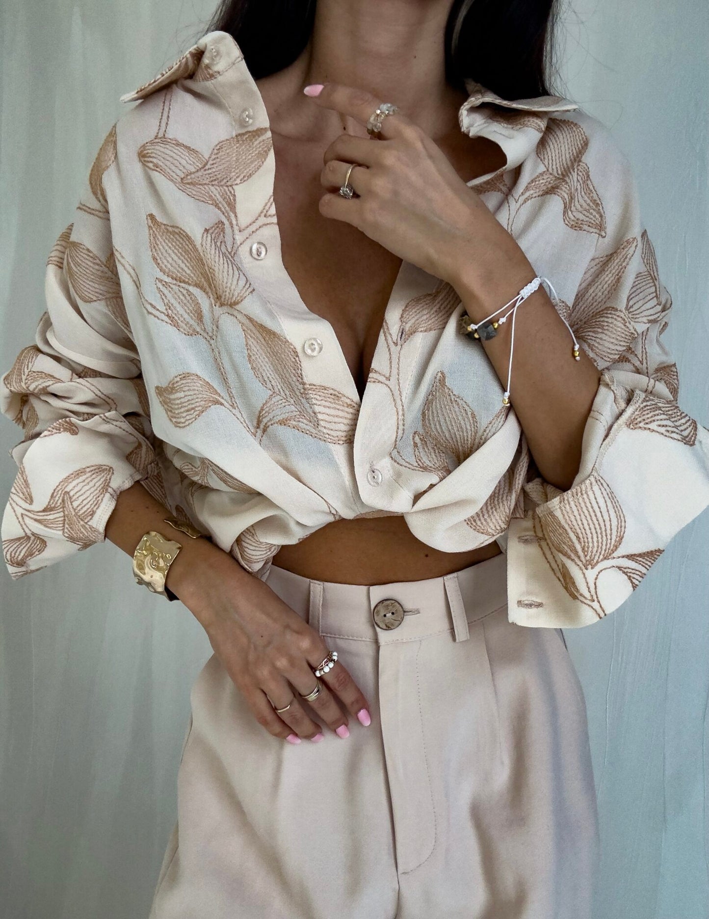 Beige embroidered Over Spring Pocket Shirt