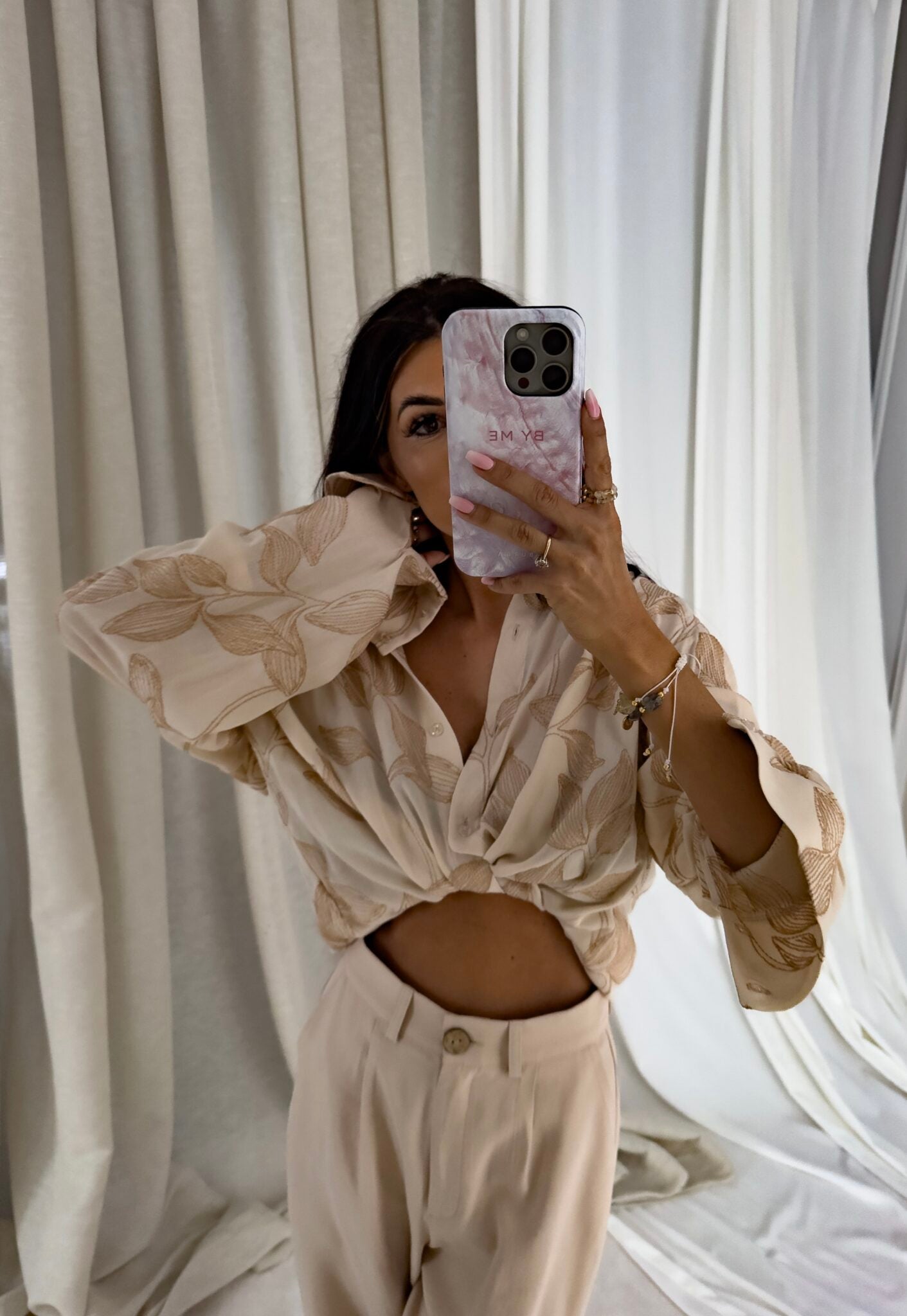Beige embroidered Over Spring Pocket Shirt