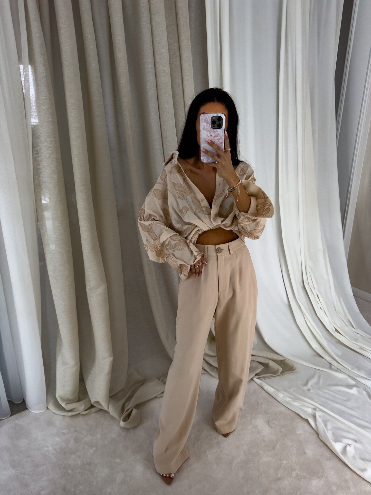 Beige embroidered Over Spring Pocket Shirt
