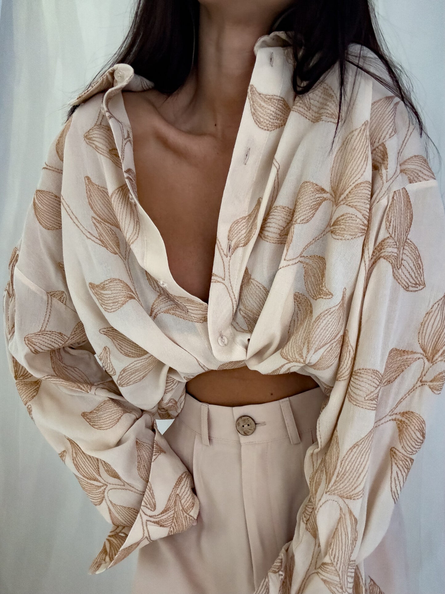 Beige embroidered Over Spring Pocket Shirt