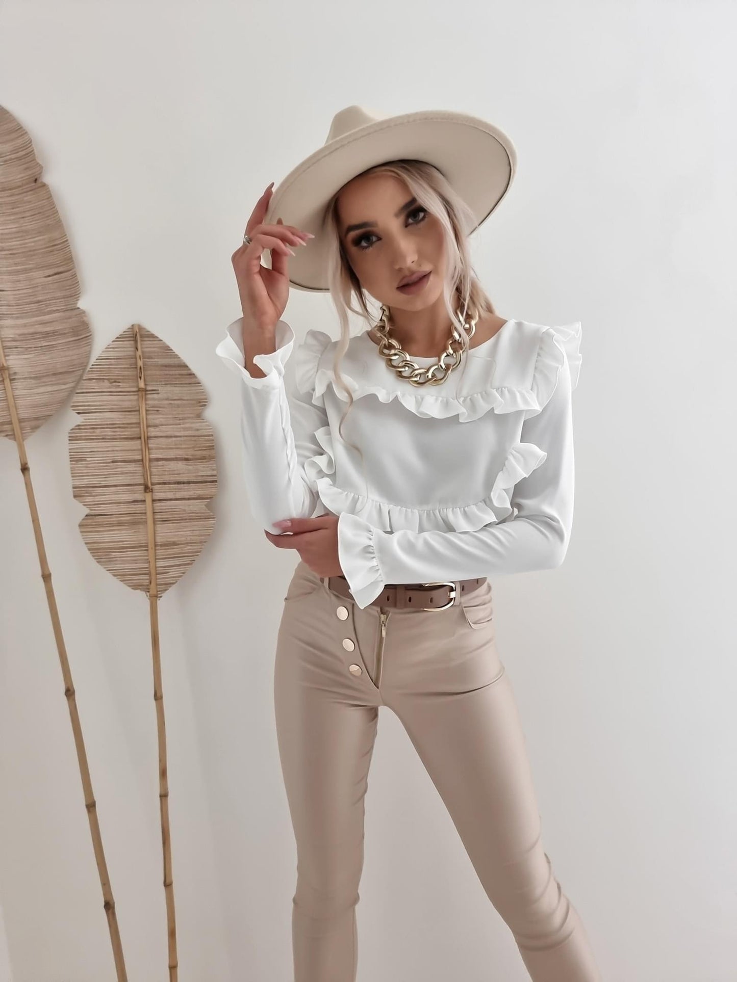 White Long Sleeve Frill Top