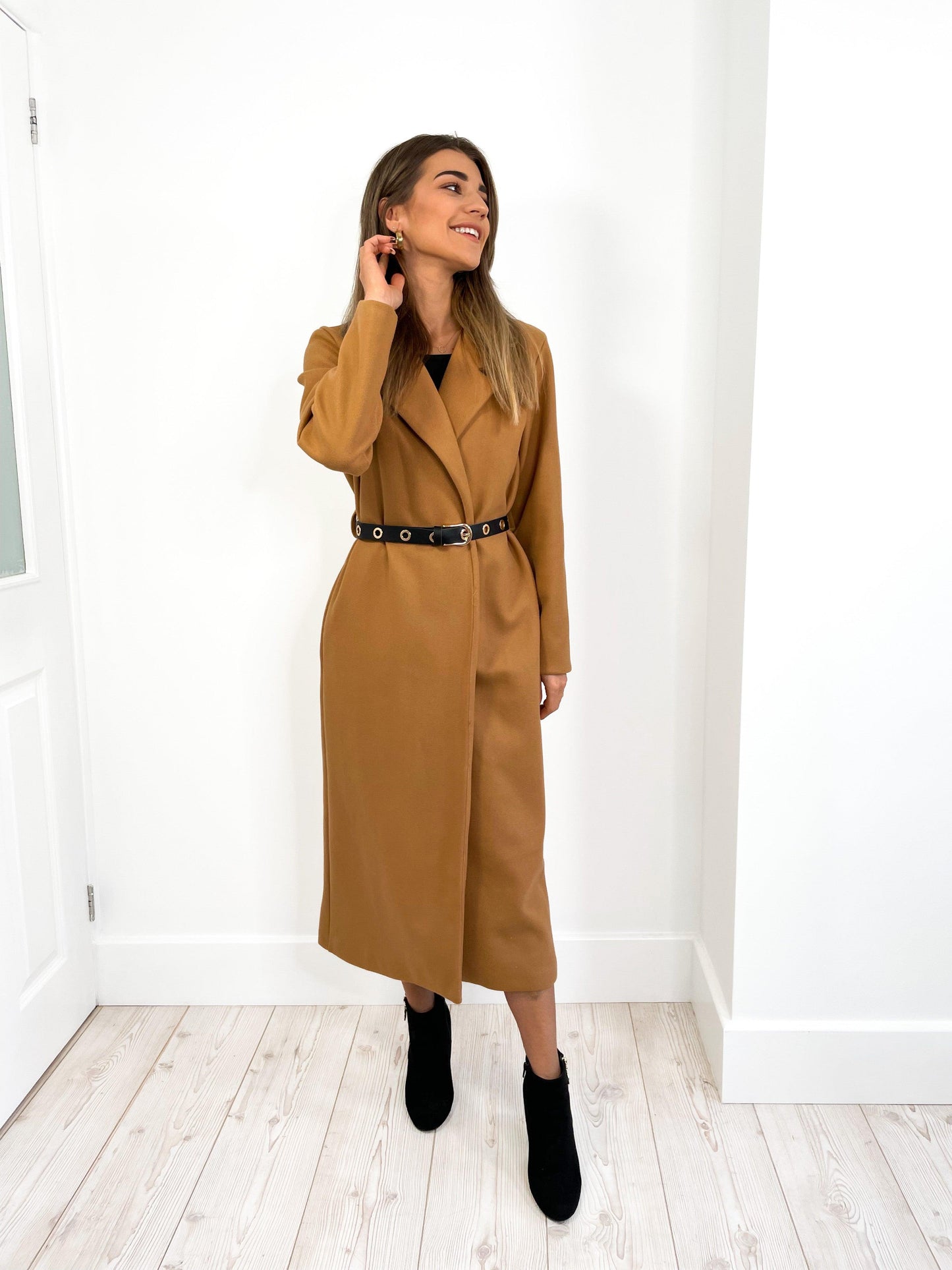 LONG BELTED CAMEL COAT