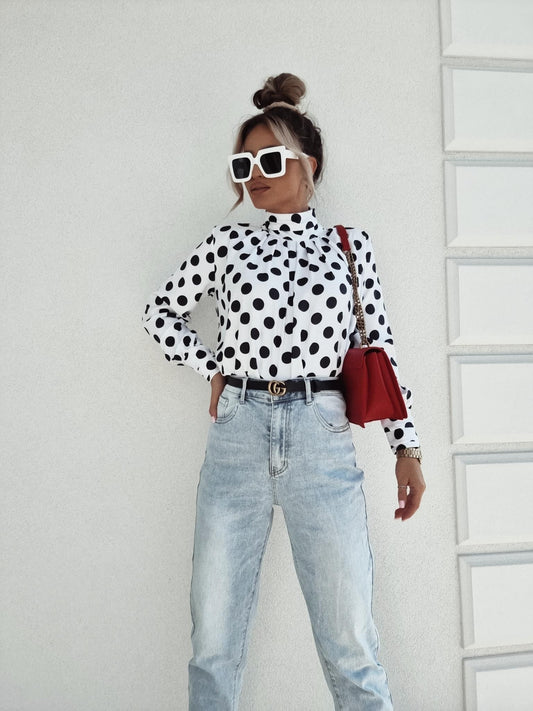 White Polka Dot High Neck Blouse