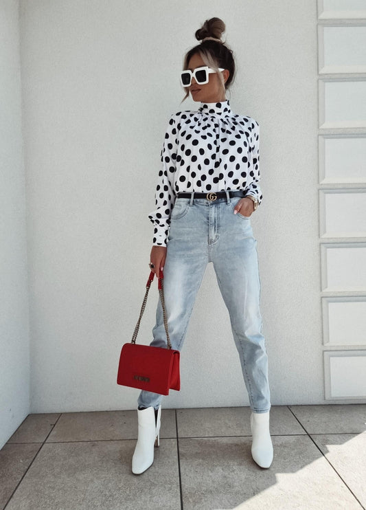 White Polka Dot High Neck Blouse