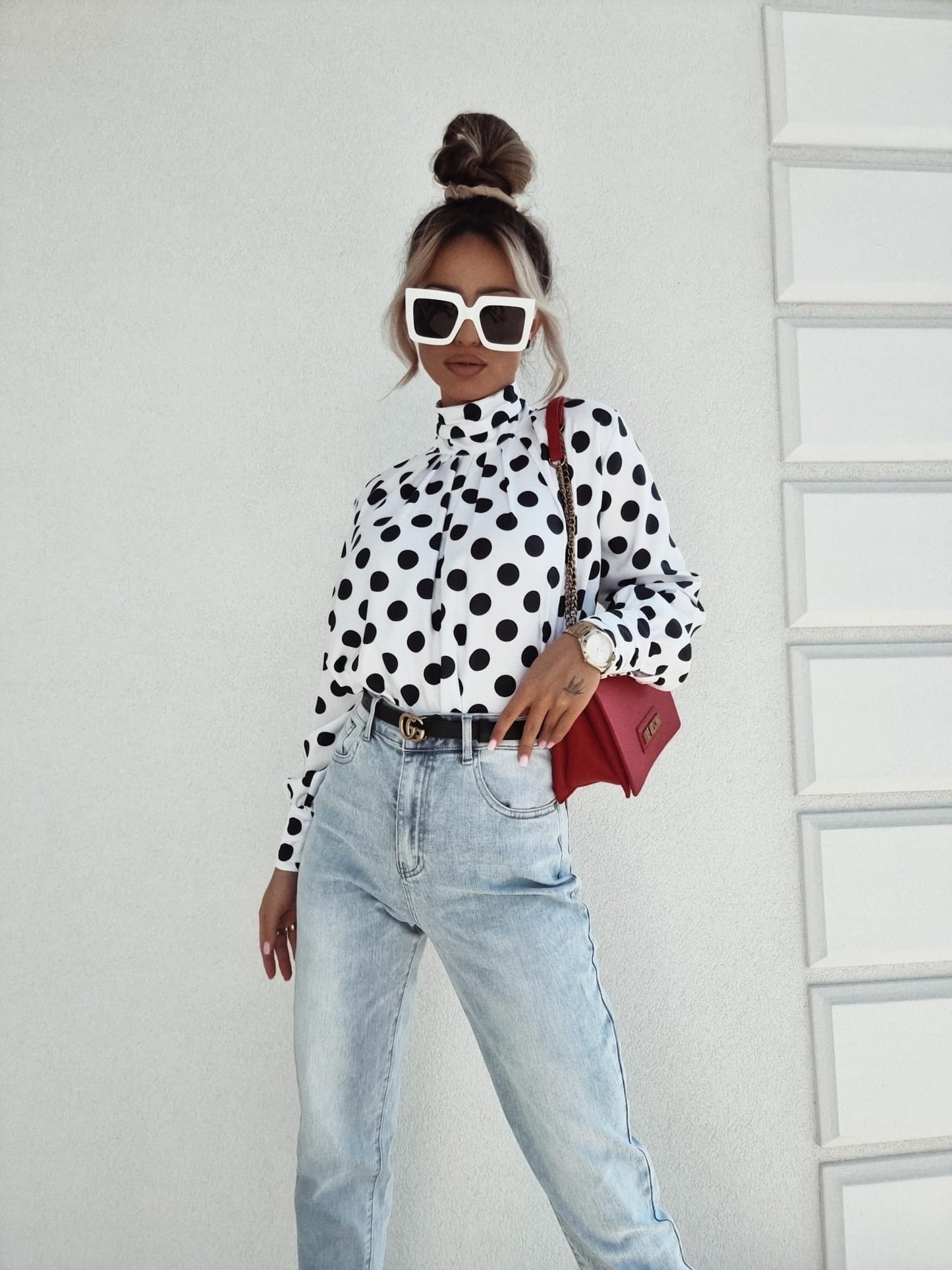 White Polka Dot High Neck Blouse