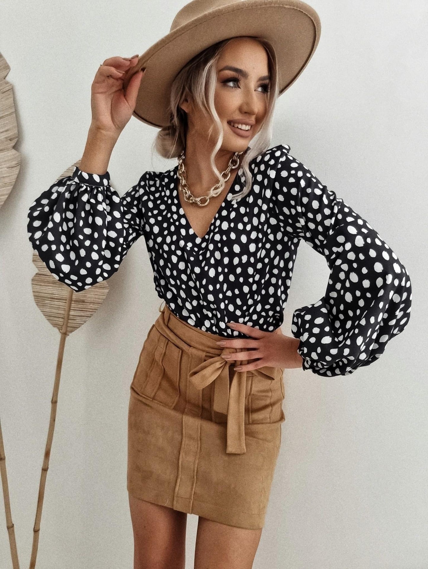 Black V Neck Polka Dot Print Blouse