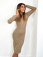 MIDI BEIGE ROLL NECK RIBBED JUMPER DRESS