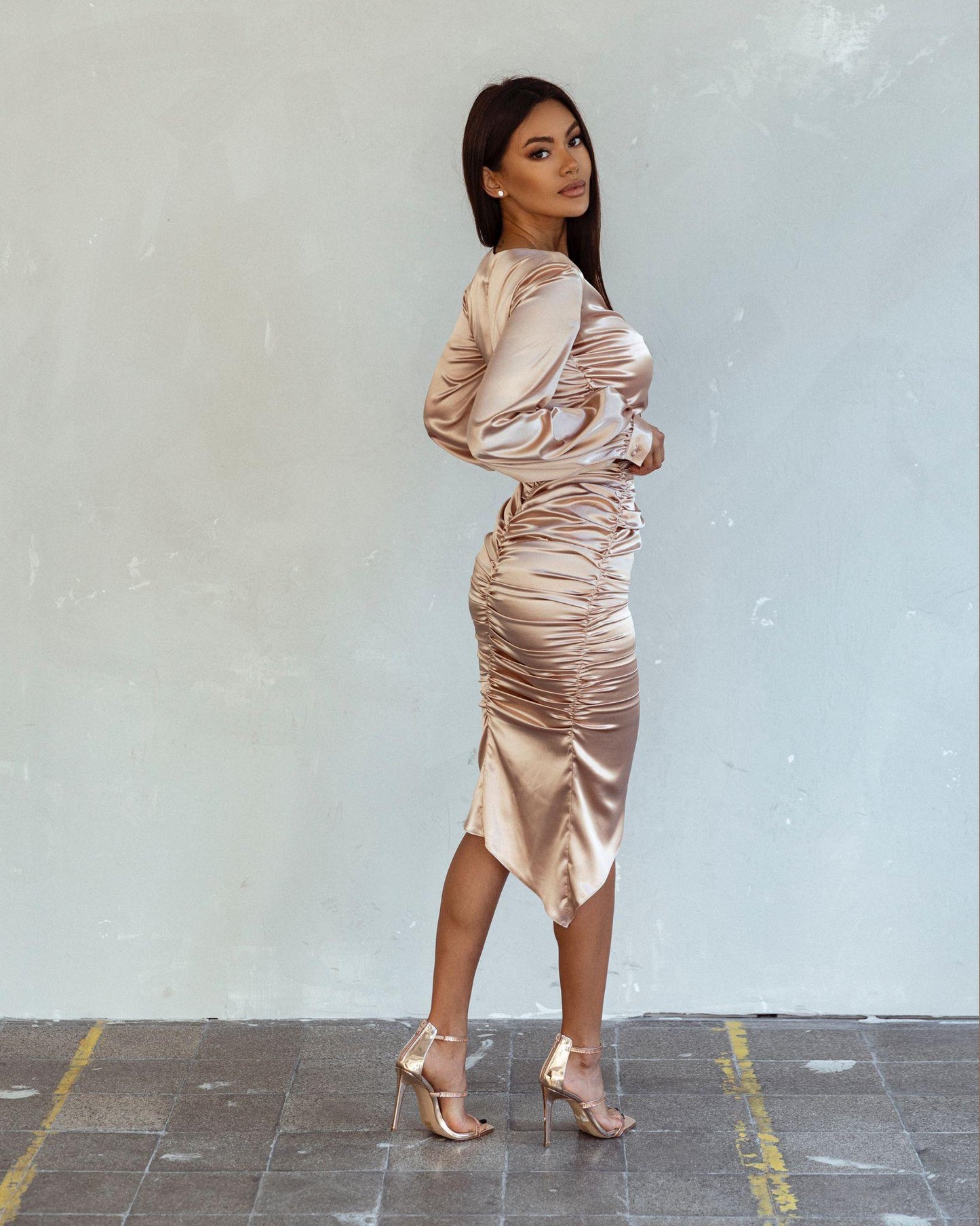 CHAMPAGNE RUCHED CROP TOP AND ASYMMETRICAL MIDI SKIRT CO-ORD