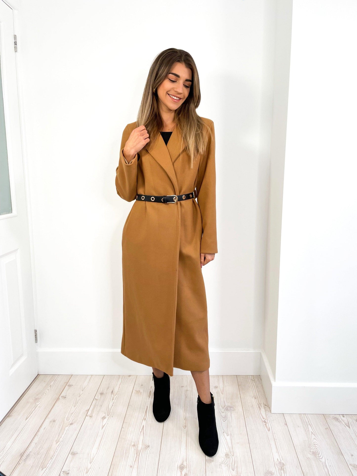 LONG BELTED CAMEL COAT