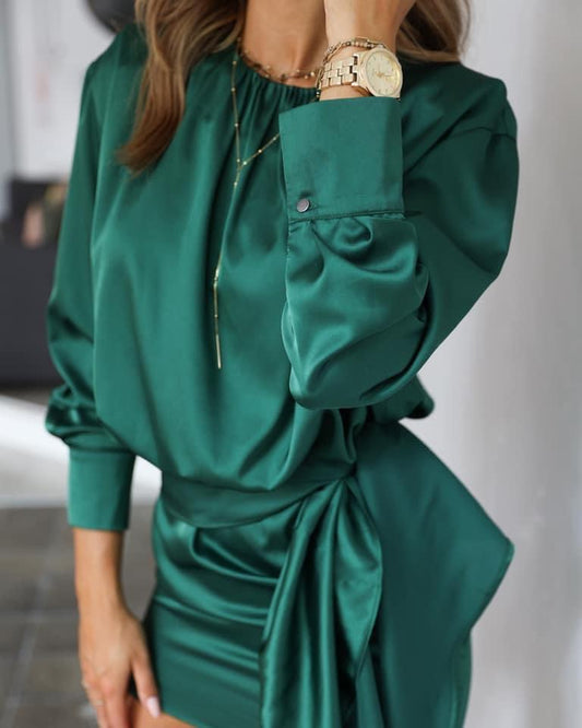 GREEN SATIN RUCHED WRAP MINI DRESS