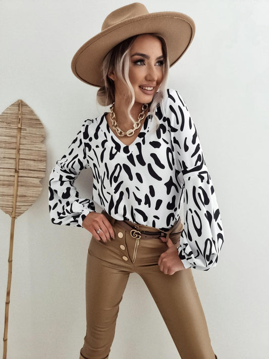 White V-Neck Print Blouse